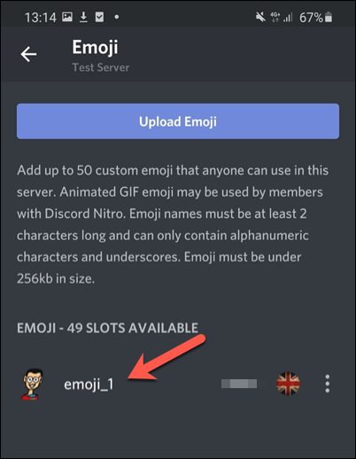 Emoji menüsünde özel emojinize dokunun.