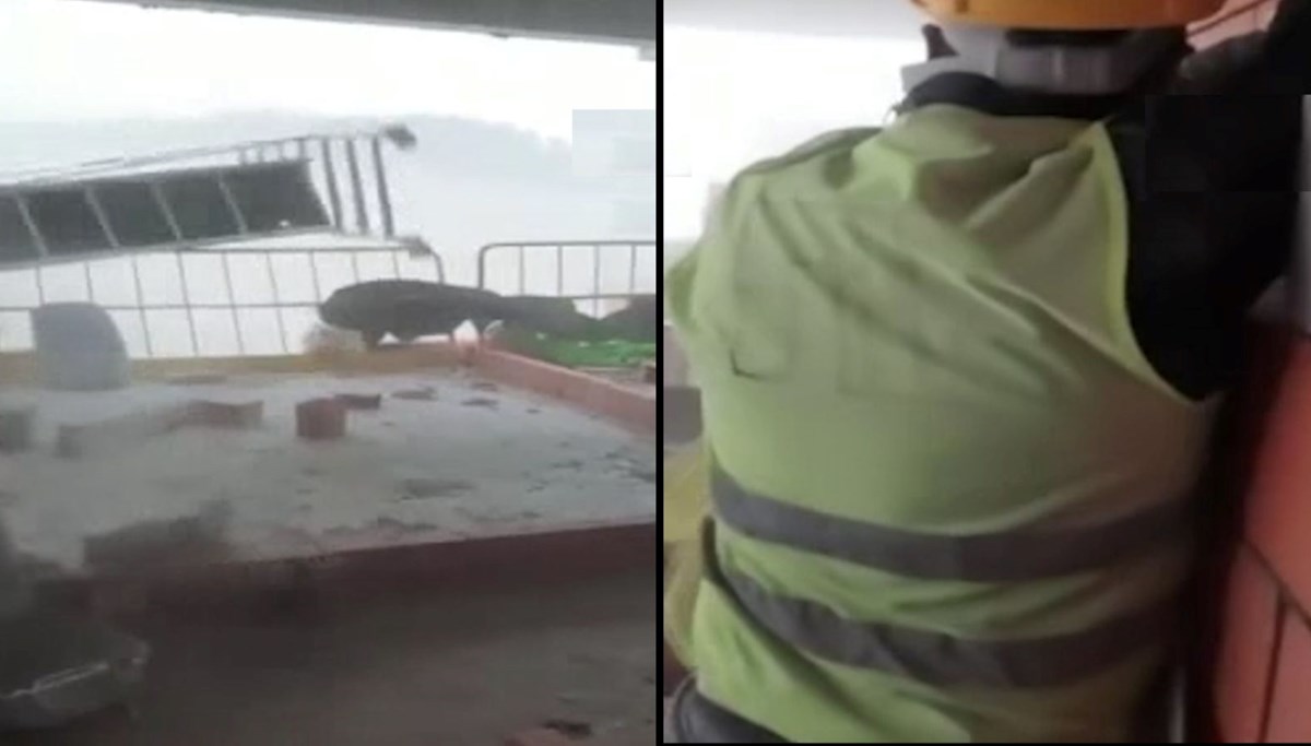 Fırtınaya yakalanan inşaat işçilerinin zor anları